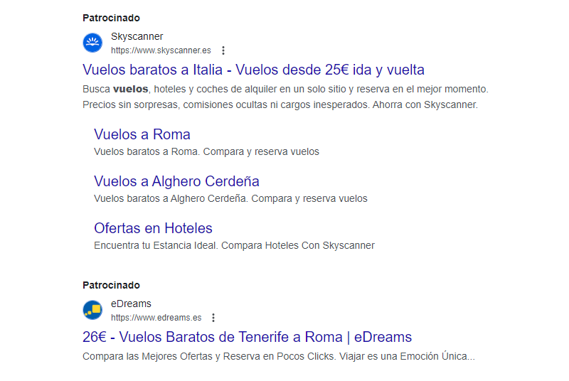 resultados de anuncios de búsqueda en Google