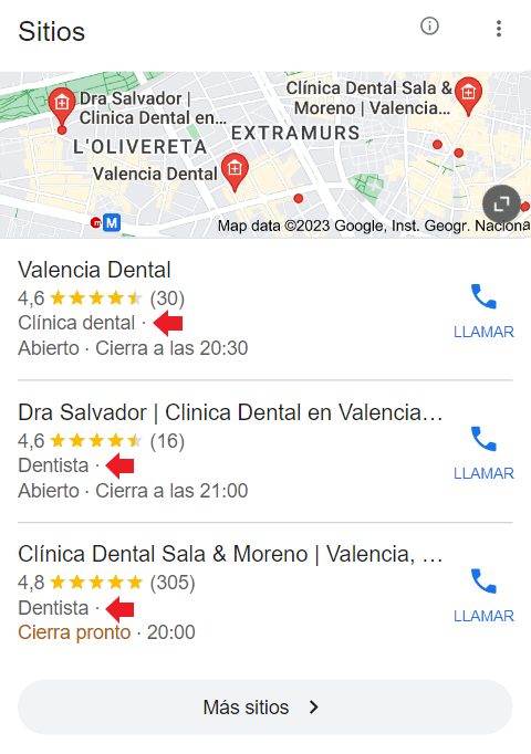 resultados de búsqueda clínica dental en Valencia dentro de Google Maps