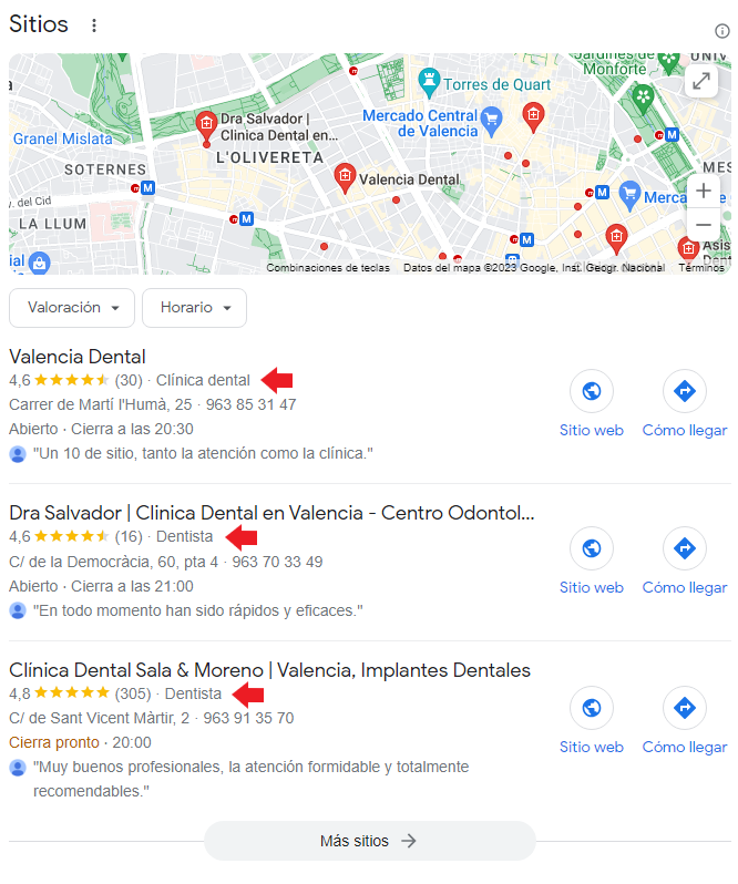 resultados de búsqueda clínica dental en Valencia dentro de Google Maps