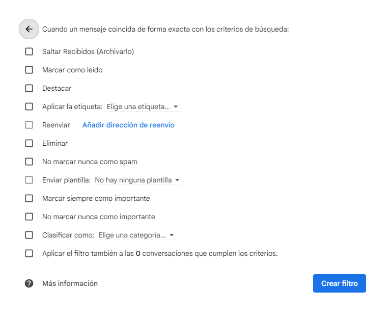 captura configuración crear filtros en Gmail