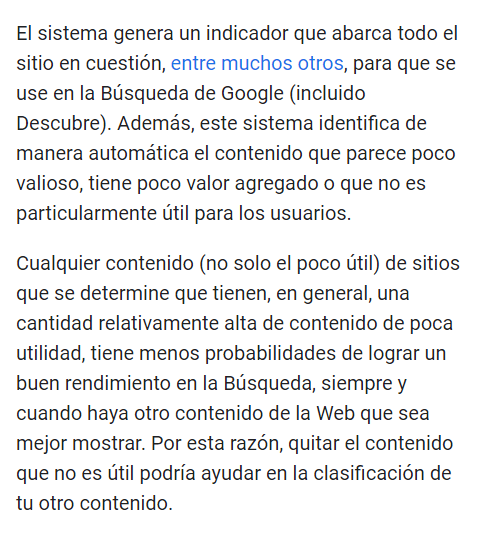 Captura de pantalla de las directrices de contenido útil de Google
