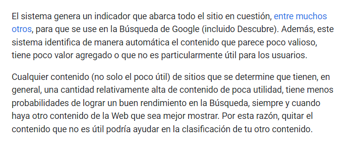 Captura de pantalla de las directrices de contenido útil de Google