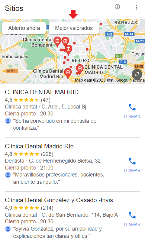 Captura de pantalla búsqueda clínica dental en Madrid