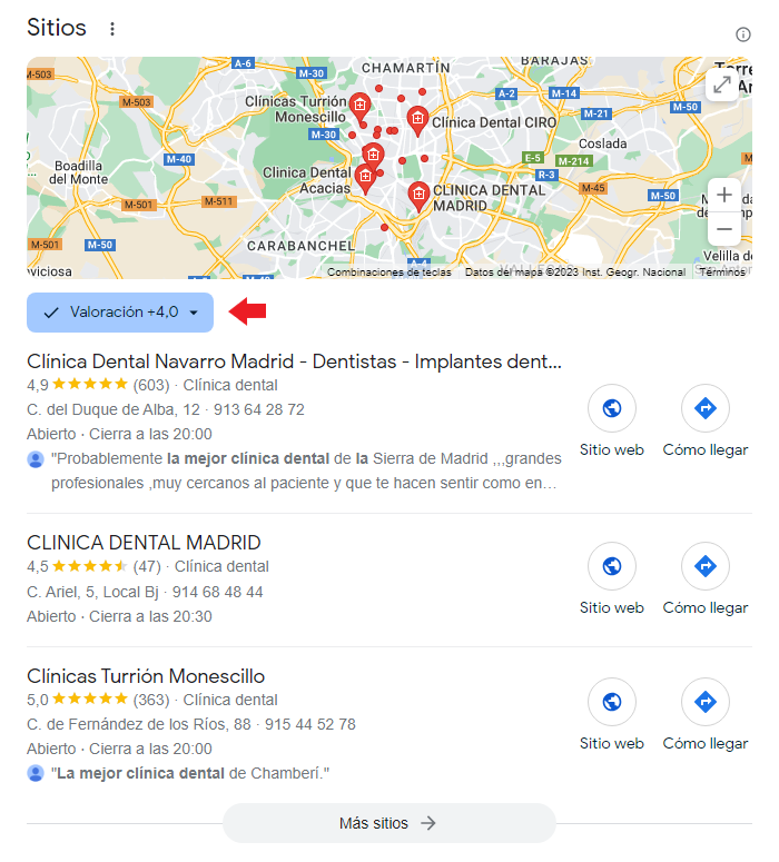 Captura de pantalla búsqueda clínica dental en Madrid