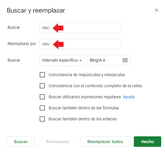 Opción Buscar y remplazar en Google Sheets