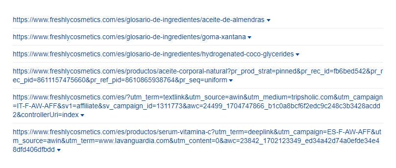 Ejemplo de URLs de Freshly Cosmetics sin tráfico orgánico