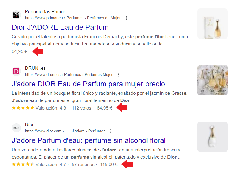 Búsqueda en Google de perfume Dior J'adore