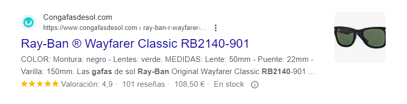 Ejemplo de producto que muestra información en Google
