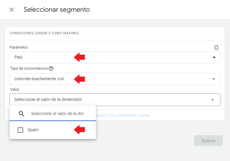 Configuración segmento país en analytics