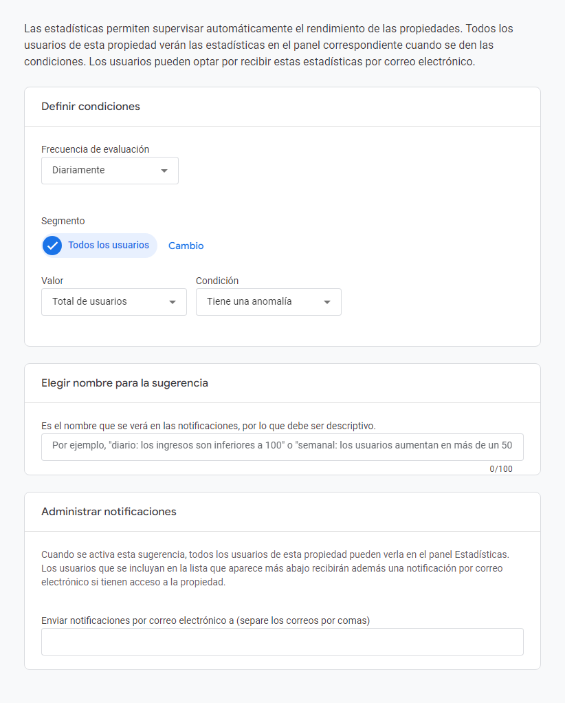 Configuración de alerta en Analytics
