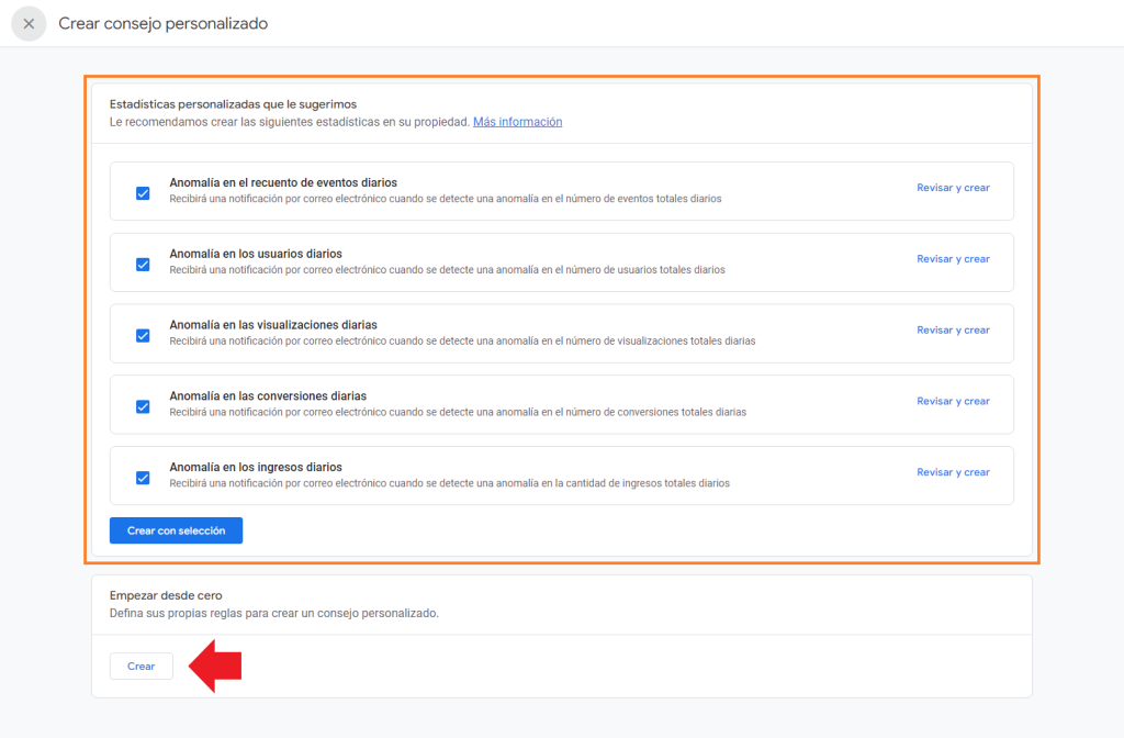 Acceso a Crear alertas en Analytics